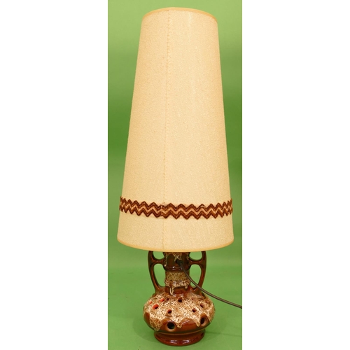 38 - A 1970s West German Glazed Pottery Round Bulbous Shaped Table Lamp having tall shade on brown and wh... 