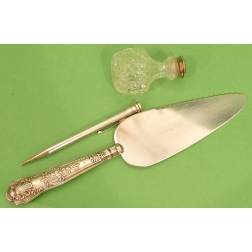 394 - A Sterling Silver Propelling Pencil, a Sheffield silver handled cake slice and a cut glass pepper po... 