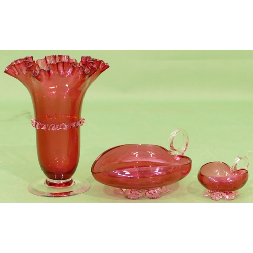 4 - A Cranberry Glass Round Trumpet Shaped Vase having crinkled rim on clear glass round base, 18.5cm hi... 