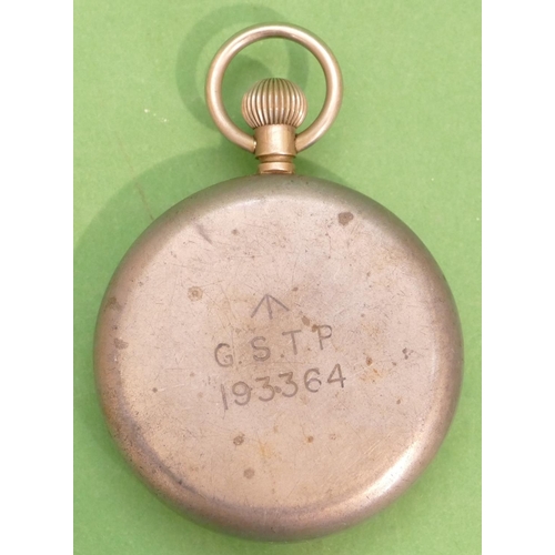 417 - A Military Pocket Watch having black dial with seconds dial and Arabic numerals, stamped to back G.S... 