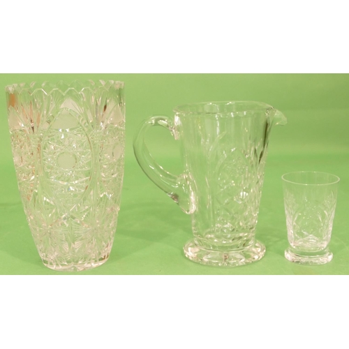 42 - A Heavy Cut Glass Water Jug with thumb pattern rim, 6 similar tumblers and a cut glass round bulbous... 