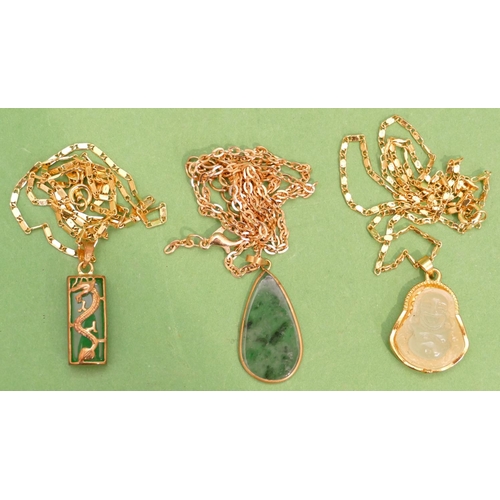 424 - 3 x Gold Plated Jade Style Pendants with chains (3).