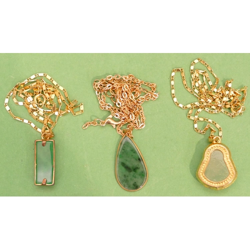 424 - 3 x Gold Plated Jade Style Pendants with chains (3).