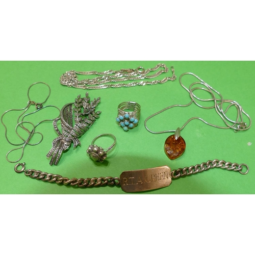 441 - A Silver and Cut Steel Brooch, a silver identity bracelet, a silver and amber drop pendant with chai... 