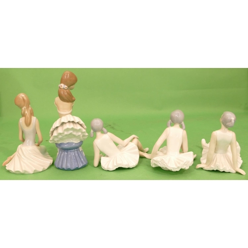 45 - A Continental Lladro Style Figure of a seated ballerina on pouffe, 23.5cm high, also 4 other contine... 