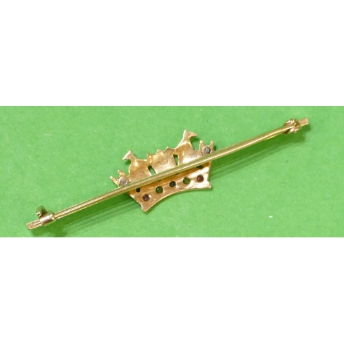 458 - A 9ct Gold Sweetheart Bar Brooch mounted with centre crown inset with coloured stones, 5cm long, 3.3... 