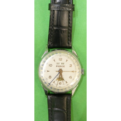 460 - A Pierce Anti Magnetic Triple Date Pointing Moon Faced Wristwatch with seconds hand, circa 1960's, h... 