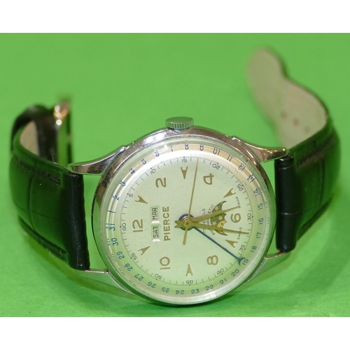 460 - A Pierce Anti Magnetic Triple Date Pointing Moon Faced Wristwatch with seconds hand, circa 1960's, h... 