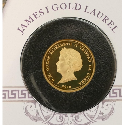 482 - A 2019 400th Anniversary Gold Proof Laurel 3 Coin Cover Collection, limited edition 50 