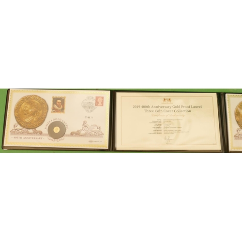 482 - A 2019 400th Anniversary Gold Proof Laurel 3 Coin Cover Collection, limited edition 50 