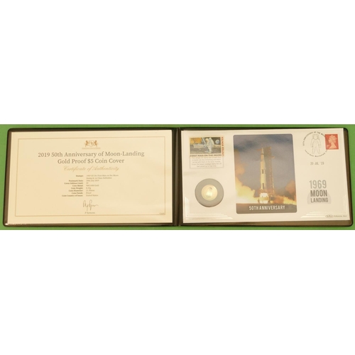 487 - A 2019 50th Anniversary of the Moon Landing Gold Proof $5 Coin Cover, limited edition 99, with certi... 