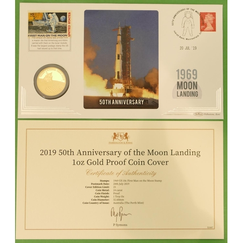 488 - A 2019 50th Anniversary of The Moon Landing, 1oz Gold Proof Gold Coin Cover, with certificate, mount... 