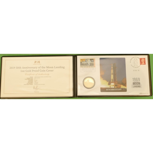 488 - A 2019 50th Anniversary of The Moon Landing, 1oz Gold Proof Gold Coin Cover, with certificate, mount... 