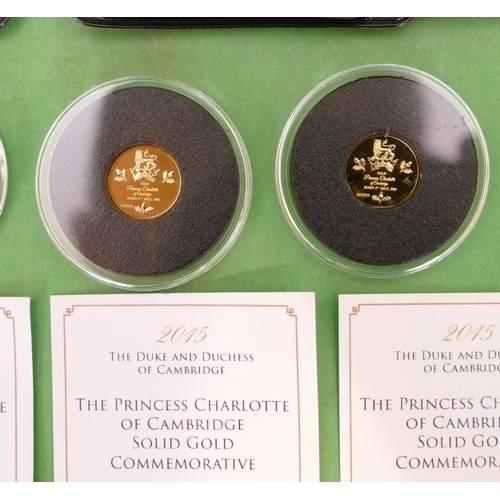 492 - 5 x Princess Charlotte Solid 9ct Gold Commemorative Proof Coins, limited edition 99, year 2015, with... 