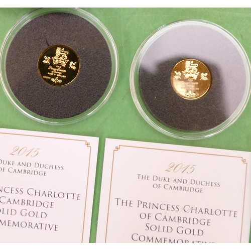 492 - 5 x Princess Charlotte Solid 9ct Gold Commemorative Proof Coins, limited edition 99, year 2015, with... 