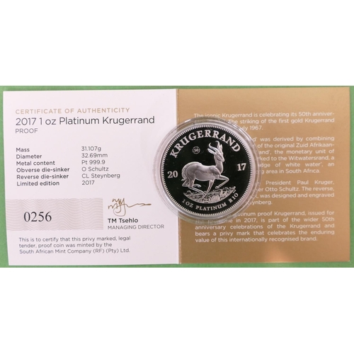 494 - A Platinum 1oz Kruggerand  2017, South African Mint Limited Edition, with certificate, boxed.