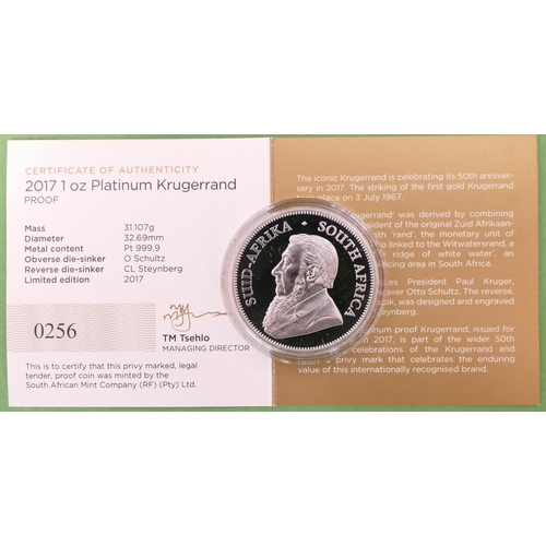 494 - A Platinum 1oz Kruggerand  2017, South African Mint Limited Edition, with certificate, boxed.