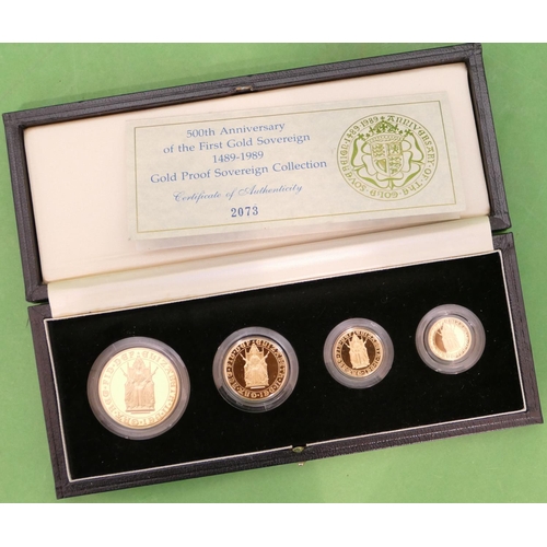 497 - A 500th Anniversary of the 1st Gold Sovereign, 1489-1989, gold proof 4 coin sovereign collection ,ha... 