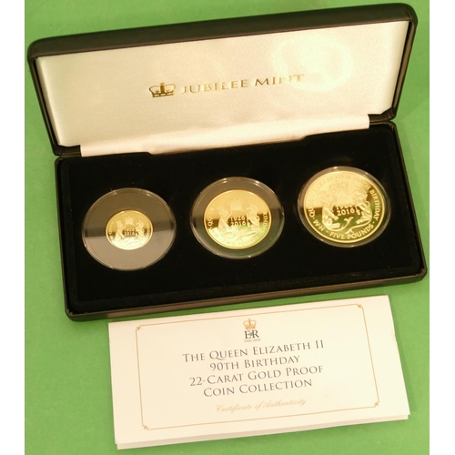 498 - A Queen Elizabeth 90th Birthday 22ct Gold Proof 3 Coin Collection, £1, £2 and £5 coin with certifica... 