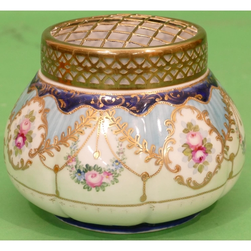 5 - A Noritake Style Round Bulbous Vase having gilt metal pierced top, on cream and green ground with mu... 