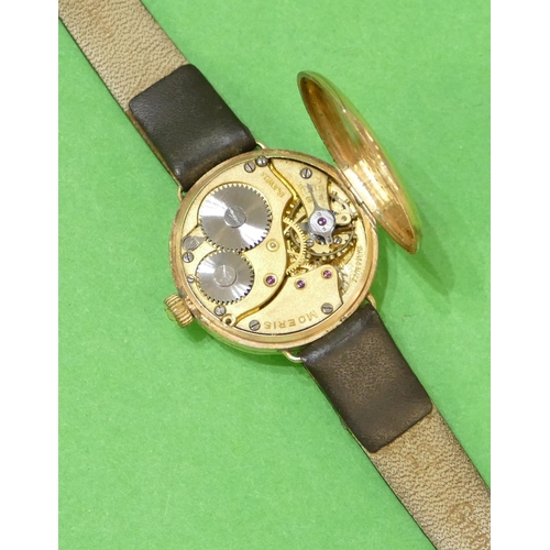 528 - A Morris 9ct Gold Circular Wristwatch, having Roman numerals, leather strap bracelet.