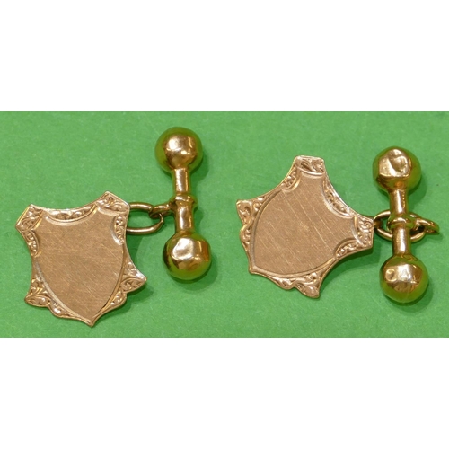 543 - A Pair of 9ct Gold Gentleman's Shield Shaped Cufflinks, 4.5g.