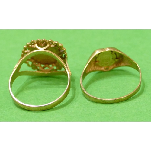 568 - A 9ct Gold Ladies Ring set with small 19th century coin, size L/M, also another 9ct gold ring set wi... 