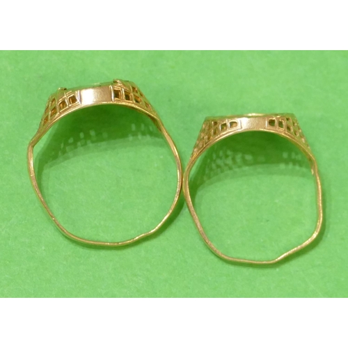 570 - 2 x 9ct Gold Rings set with small gold coins, size M/N and size Q/R, 3.8g gross (2).