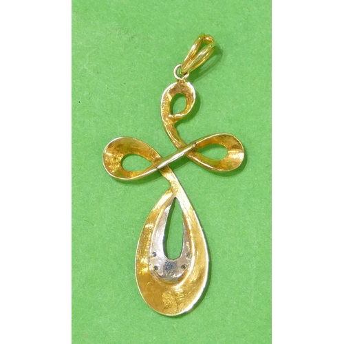 597 - A 14ct Gold Drop Scroll Pendant, mounted with small diamonds, 4.3cm high, 2.9g.