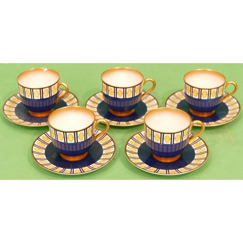 6 - A Set of 5 Royal Worcester Coffee Cups and Saucers on blue and white ground having yellow and gilt d... 