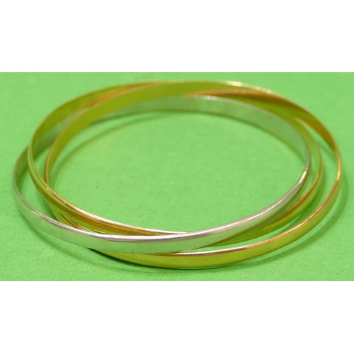 602 - An 18ct 3 Coloured Gold Entwined Bangle, 28.8g.