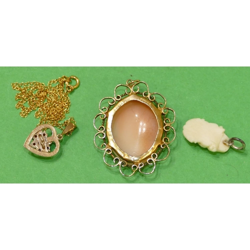 631 - An Oval Cameo shoulder length portrait of a lady in 9ct gold frame, a 9ct gold heart shaped pendant ... 