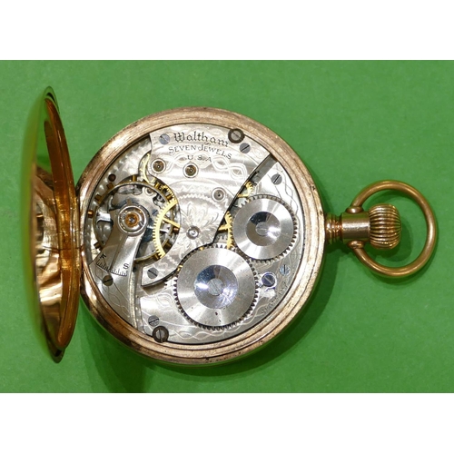 664 - A 9ct Gold Waltham American Full Hunter Pocket Watch having engraved monogram (closing hinge in need... 