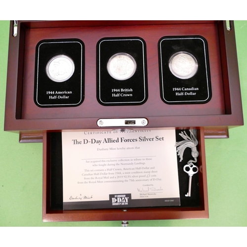 679 - A D-Day Allied Forces Silver 3 Coin Set with stamps, in presentation box, with certificate.