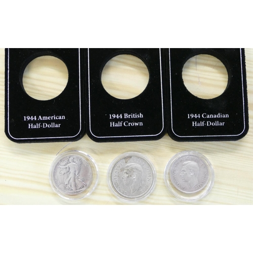 679 - A D-Day Allied Forces Silver 3 Coin Set with stamps, in presentation box, with certificate.