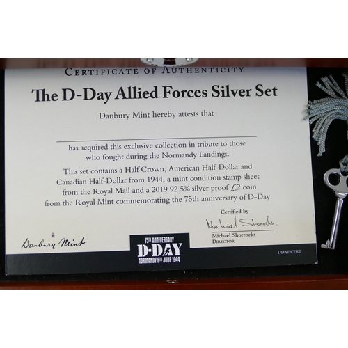 679 - A D-Day Allied Forces Silver 3 Coin Set with stamps, in presentation box, with certificate.