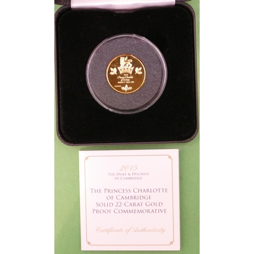 681 - A 2015 The Princess Charlotte of Cambridge Solid 22ct Gold Proof Commemorative Coin, limited edition... 