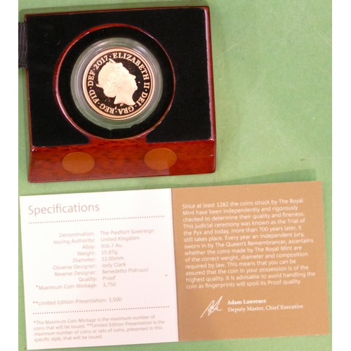 683 - A 2017 Piedfort Sovereign Gold Proof Coin, limited edition, with certificate, cased.