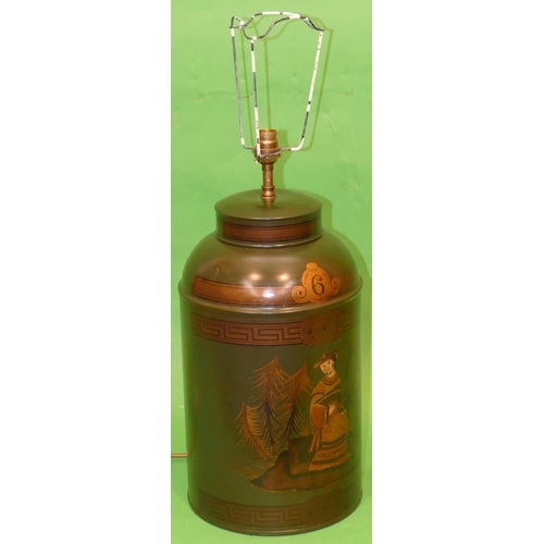 693 - A Reproduction Japanned Metal table Lamp in form of a container on green ground having figure, flora... 