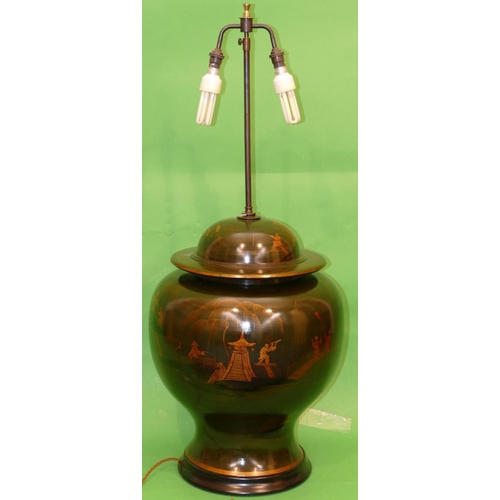 694 - A Large Japanned Round Bulbous Table Lamp having double lights on green ground with gilt, oriental, ... 