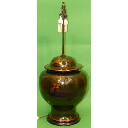 694 - A Large Japanned Round Bulbous Table Lamp having double lights on green ground with gilt, oriental, ... 