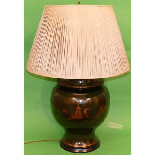 694 - A Large Japanned Round Bulbous Table Lamp having double lights on green ground with gilt, oriental, ... 