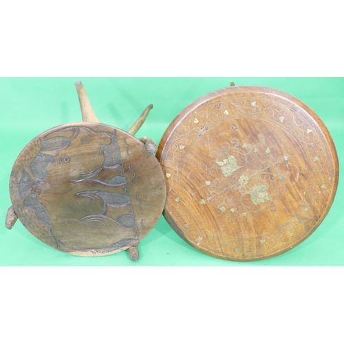 695 - An Eastern Small Round Coffee Table with folding stand having inlaid, gilt, metal, floral and scroll... 