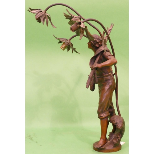 696 - A Spelter 3 Light Figured Table Lamp in form of a fisherman, 61cm high.