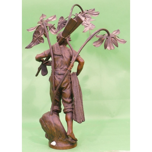 696 - A Spelter 3 Light Figured Table Lamp in form of a fisherman, 61cm high.