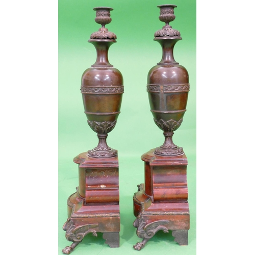 716 - A Pair of Spelter Candlesticks on red marble bases, with further gilt metal mounts and splayed feet ... 