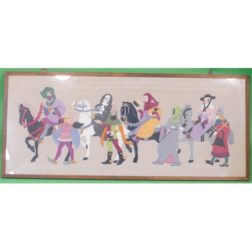 721 - A Felt Picture depicting various figures on horseback in oak frame, 50.5cm x 1m 21cm.