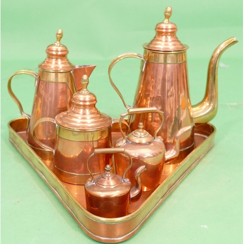 726 - H Pommier, 4 Piece Copper and Brass Tea Service having triangular shaped tray, teapot, 2 handled lid... 