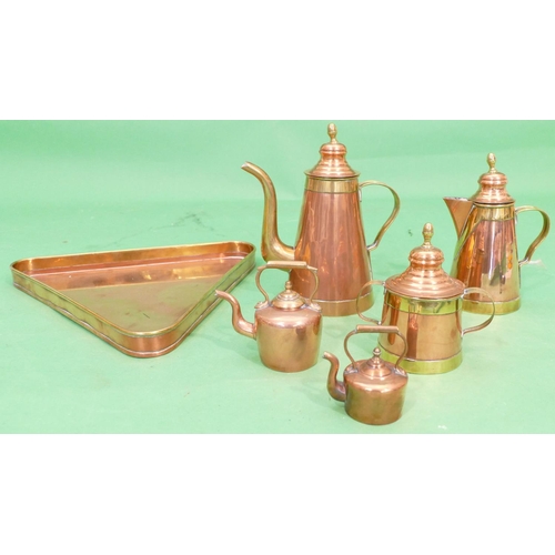 726 - H Pommier, 4 Piece Copper and Brass Tea Service having triangular shaped tray, teapot, 2 handled lid... 