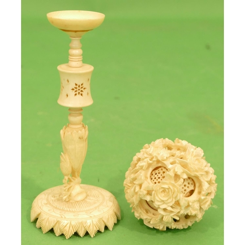 738 - An Early 20th Century Carved Ivory Puzzle Ball on stand having all over floral and leaf decoration, ... 